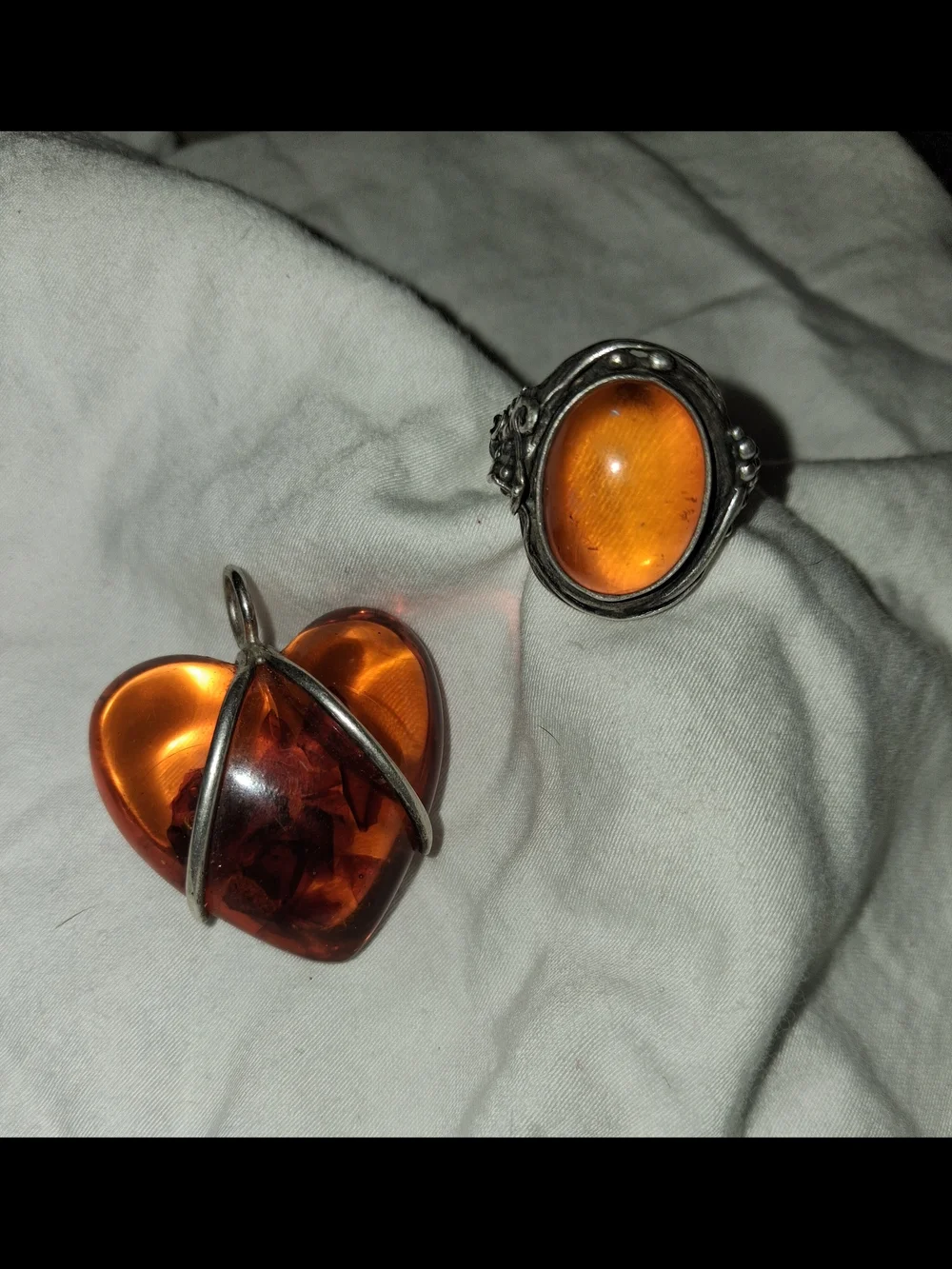 Vintage Sterling Silver Set. Amber Puff Heart Pendant With Oval Amber Ring 7.5